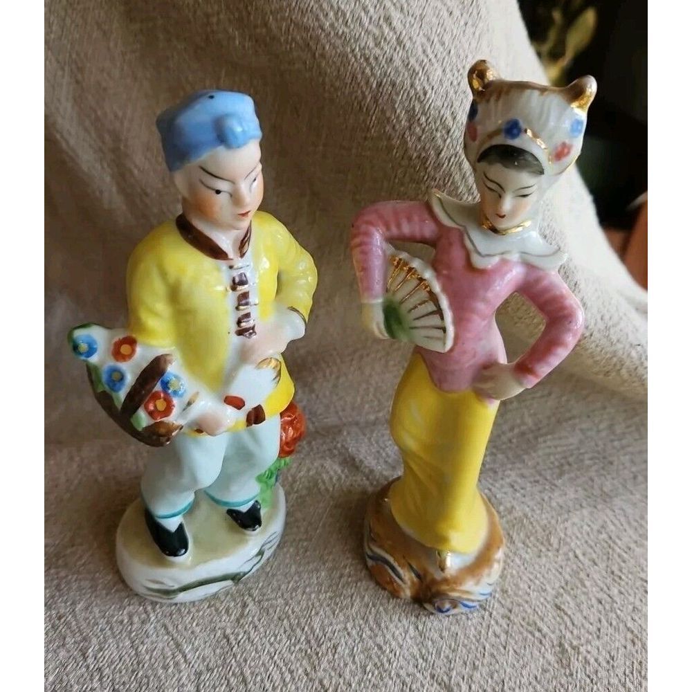2 Vintage Porcelain Japanese Figures GEISHA DANCER FLOWER‎ BOY Hand Painted 6"